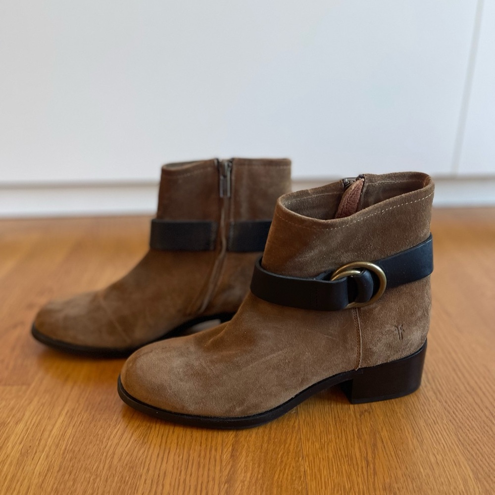 Frye Brown Suede Ankle Booties with Black Strap